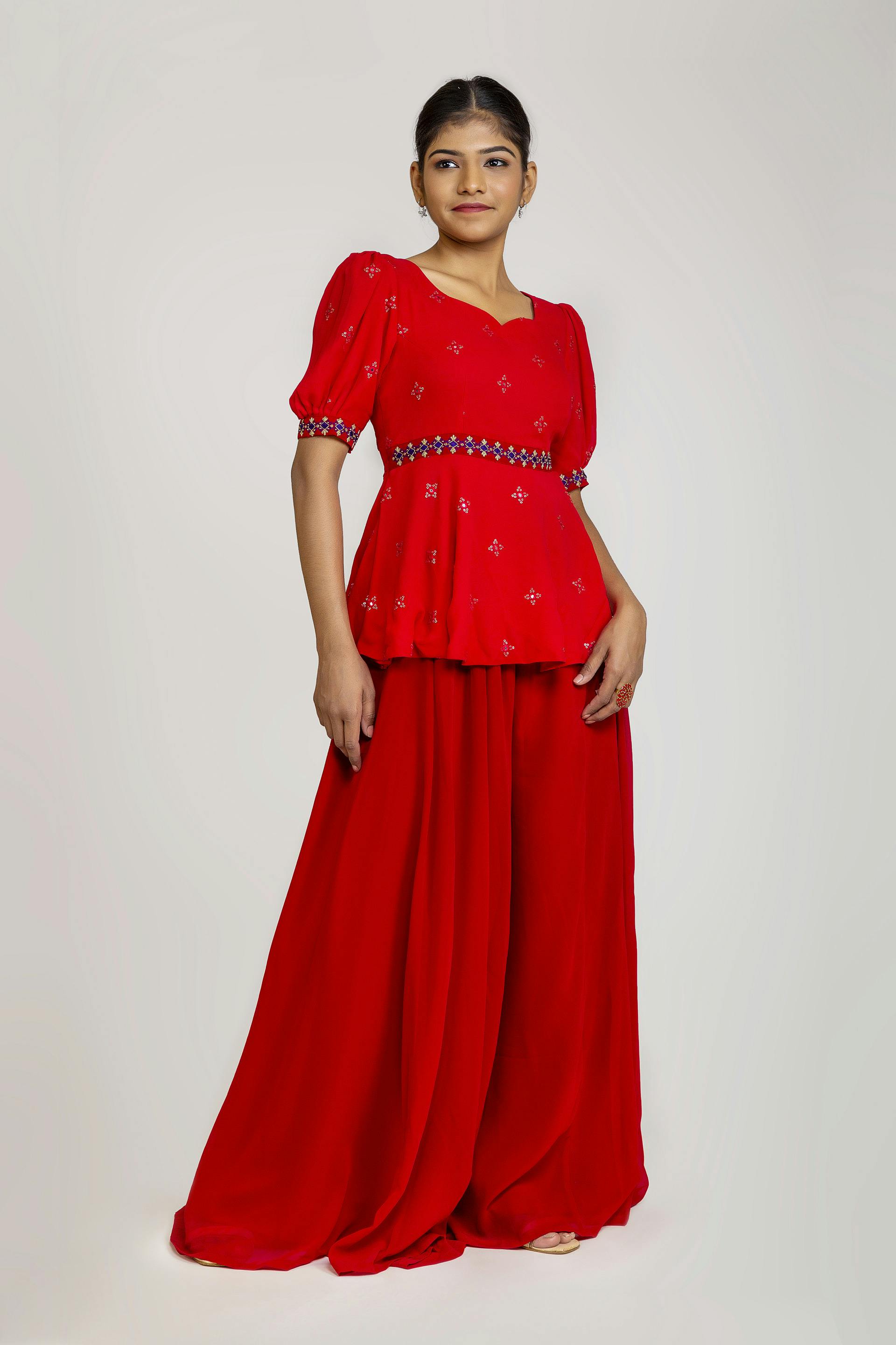 Red Georgette Embroidered Peplum Puff Sleeves Top And Lancha Set