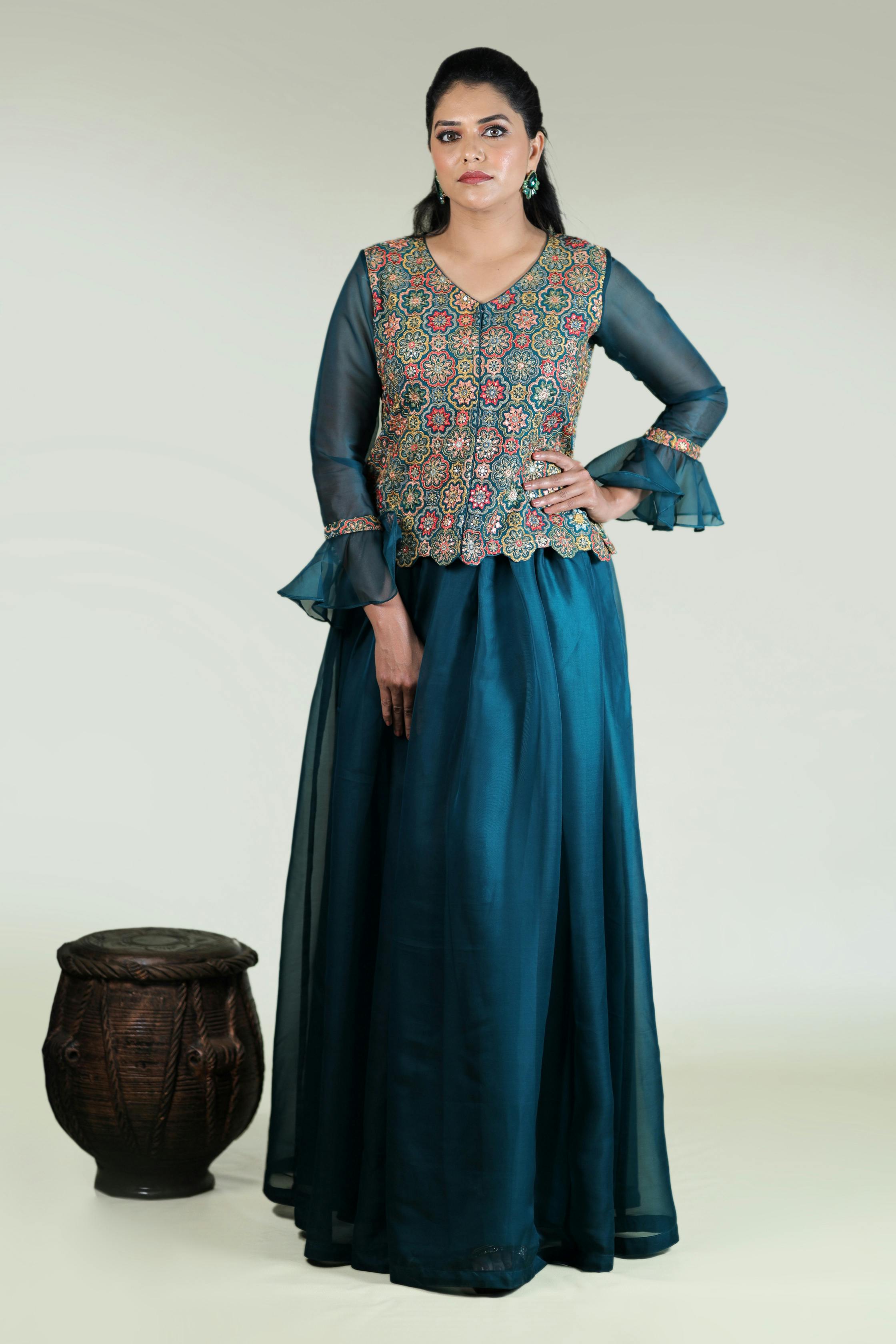 Bottle Green Paneled Skirt With Traditional Tunic Top