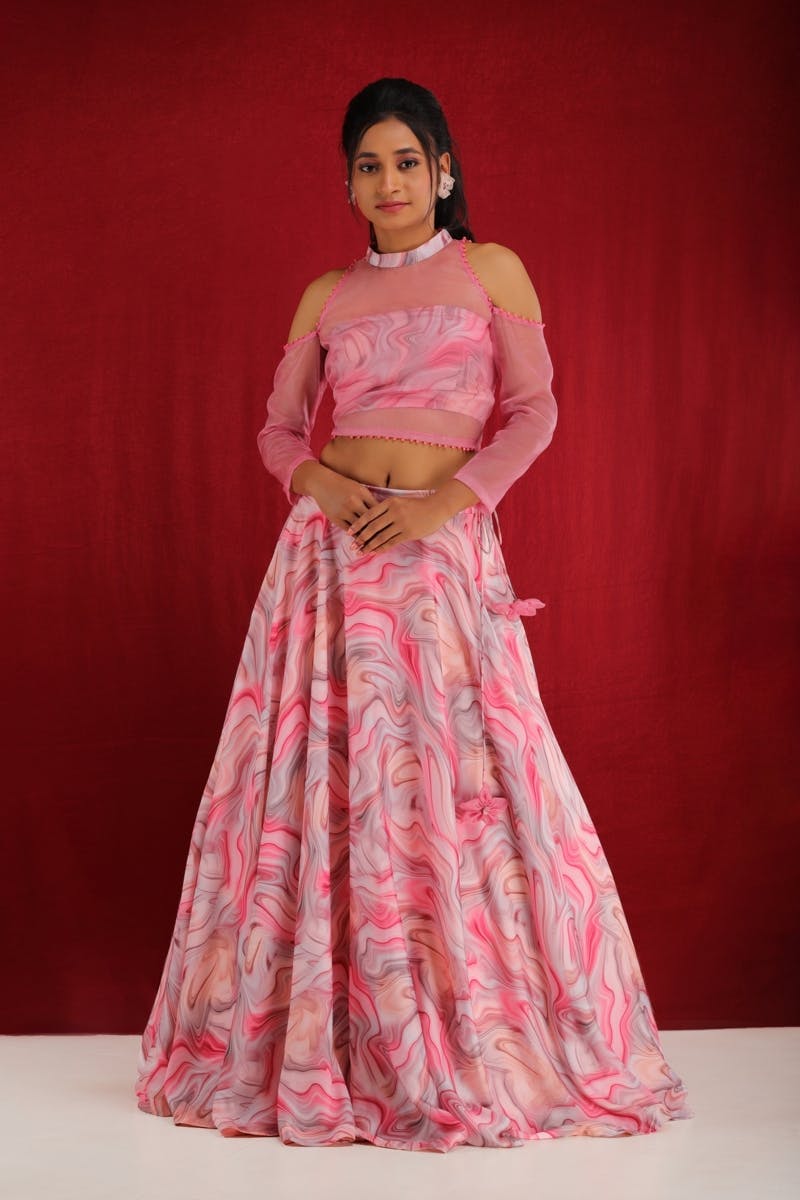 Digital print satin lehenga and tube top with or without bead embellished jacket with collar and cold shoulder