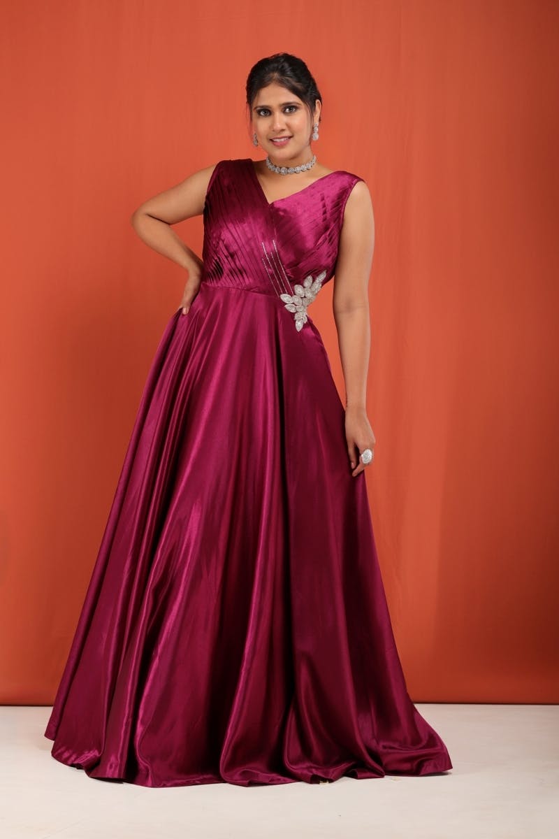 Burgundy satin double busted one side pleated Gown with silver kadadana embroidery