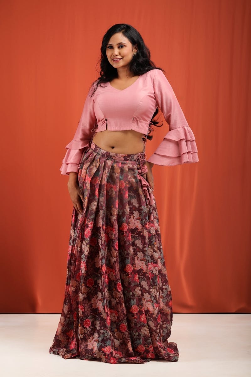 pink chinon silk flared sleeves with waist adjustable blouse and  Brown printed chanderi pleated lehenga set
